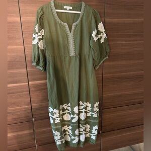 Linen Embroidered Olive Green Midi Dress with White Floral Detail and pockets!